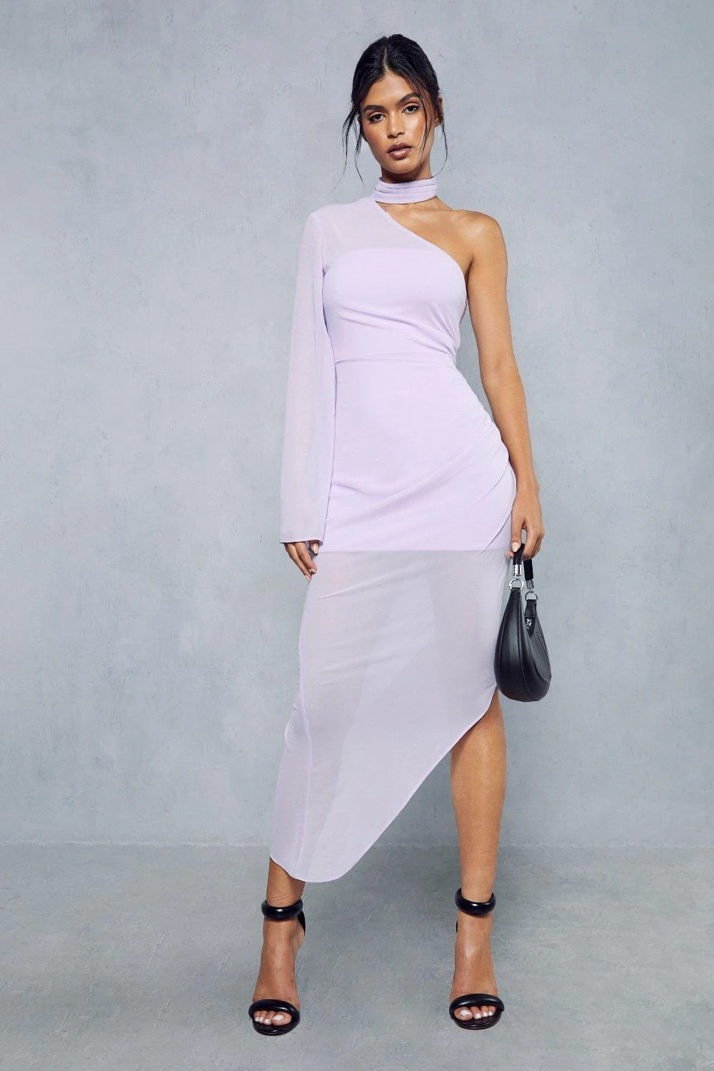 Sheer Overlay Ruched Choker Neck Asymmetric Midi Dress 5 Sheer Overlay Ruched Choker Neck Asymmetric Midi Dress - Image 5