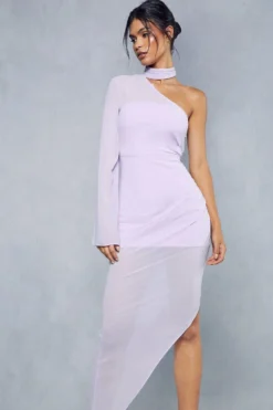 Sheer Overlay Ruched Choker Neck Asymmetric Midi Dress 12 Sheer Overlay Ruched Choker Neck Asymmetric Midi Dress -Ves Trendy Sales lilac sheer overlay ruched choker neck asymmetric midi dress 5