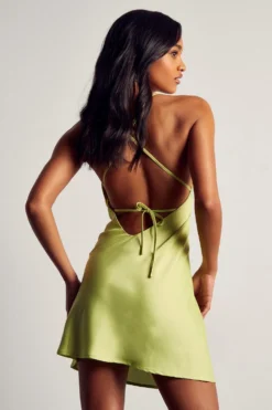 Recycled Satin Cowl Neck Mini Dress -Ves Trendy Sales lime recycled satin cowl neck mini dress 2