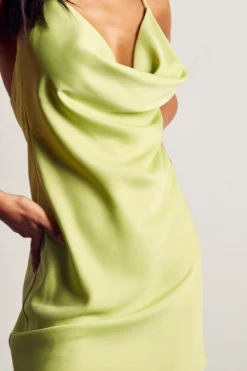 Recycled Satin Cowl Neck Mini Dress -Ves Trendy Sales lime recycled satin cowl neck mini dress 4