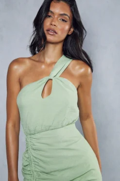 Linen Twist Asymmetric Neckline Ruched Midi Dress 11 Linen Twist Asymmetric Neckline Ruched Midi Dress -Ves Trendy Sales mint linen twist asymmetric neckline ruched midi dress 5