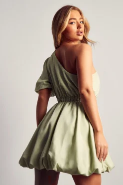 One Shoulder Puffball Mini Dress -Ves Trendy Sales mint one shoulder puffball mini dress 2