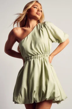 One Shoulder Puffball Mini Dress -Ves Trendy Sales mint one shoulder puffball mini dress 3