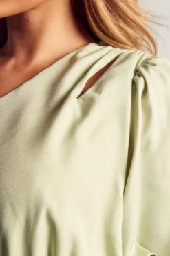 One Shoulder Puffball Mini Dress -Ves Trendy Sales mint one shoulder puffball mini dress 4