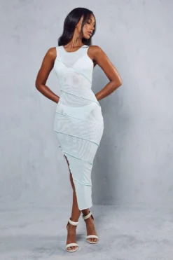 Recycled Double Mesh Lettuce Seam Midi Dress -Ves Trendy Sales mint recycled double mesh lettuce seam midi dress 3