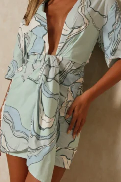 Wave Print Drape Front Plunge Shirt Dress -Ves Trendy Sales mint wave print drape front plunge shirt dress 4