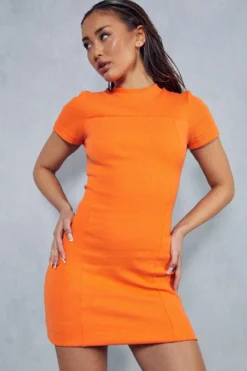 Premium Ribbed Short Sleeve Mini Dress -Ves Trendy Sales orange premium ribbed short sleeve mini dress 4