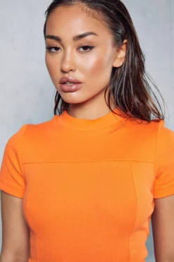 Premium Ribbed Short Sleeve Mini Dress -Ves Trendy Sales orange premium ribbed short sleeve mini dress 5