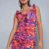 Firey Floral Print Frill Detail Ruched Mini Dress