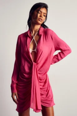 Linen Look Draped Shirt Dress