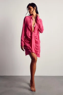 Linen Look Draped Shirt Dress -Ves Trendy Sales pink linen look draped shirt dress 1 3