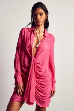 Linen Look Draped Shirt Dress -Ves Trendy Sales pink linen look draped shirt dress 1 4