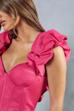 Premium Extreme Frill Sleeve Corset Mini Dress -Ves Trendy Sales pink premium extreme frill sleeve corset mini dress 5