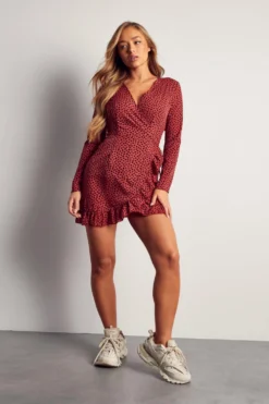 Animal Spot Frill Hem Wrap Dress -Ves Trendy Sales rose animal spot frill hem wrap dress 3