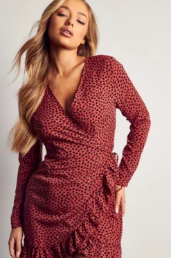 Animal Spot Frill Hem Wrap Dress -Ves Trendy Sales rose animal spot frill hem wrap dress 4