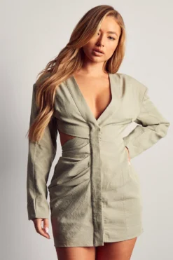 Linen Look Cut Out Shoulder Pad Dress
