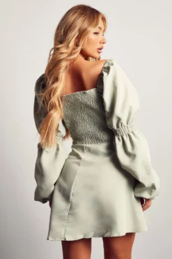 Poplin Ruched Front Long Sleeve Dress -Ves Trendy Sales sage poplin ruched front long sleeve dress 2