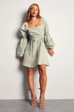 Poplin Ruched Front Long Sleeve Dress -Ves Trendy Sales sage poplin ruched front long sleeve dress 3