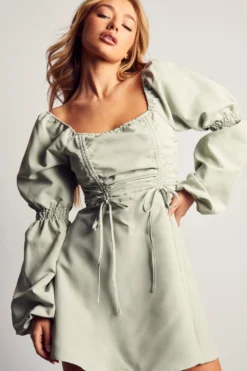 Poplin Ruched Front Long Sleeve Dress -Ves Trendy Sales sage poplin ruched front long sleeve dress 4