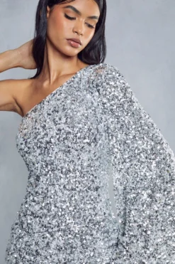 Premium Sequin Flare Sleeve Ruched Midi Dress 11 Premium Sequin Flare Sleeve Ruched Midi Dress -Ves Trendy Sales silver premium sequin flare sleeve ruched midi dress 5