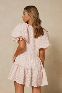 Check Extreme Puff Sleeve Smock Dess -Ves Trendy Sales stone check extreme puff sleeve smock dess 3