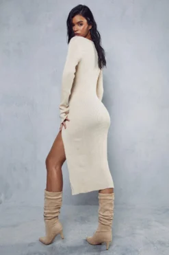 Cosy Knit Split Leg Midi Dress -Ves Trendy Sales stone cosy knit split leg midi dress 2