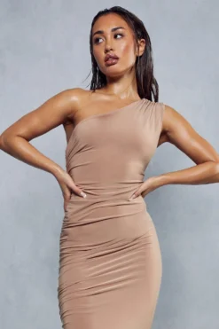 Double Layer Slinky Asymmetric Ruched Midi Dress -Ves Trendy Sales stone double layer slinky asymmetric ruched midi dress 4