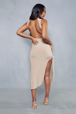 Double Layer Slinky Backless Cut Out Midi Dress -Ves Trendy Sales stone double layer slinky backless cut out midi dress 2