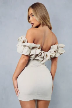 Linen Frill Off Shoulder Bodycon Mini Dress -Ves Trendy Sales stone linen frill off shoulder bodycon mini dress 2