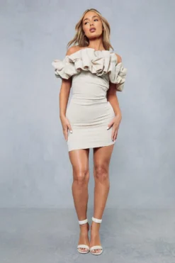 Linen Frill Off Shoulder Bodycon Mini Dress -Ves Trendy Sales stone linen frill off shoulder bodycon mini dress 3