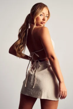 Linen Look Halterneck Strappy Back Mini Dress -Ves Trendy Sales stone linen look halterneck strappy back mini dress 2