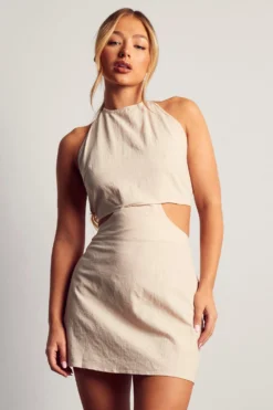 Linen Look Halterneck Strappy Back Mini Dress