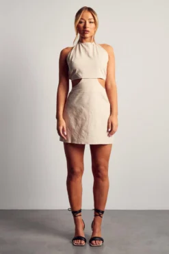 Linen Look Halterneck Strappy Back Mini Dress -Ves Trendy Sales stone linen look halterneck strappy back mini dress 3