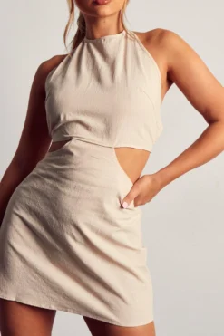 Linen Look Halterneck Strappy Back Mini Dress -Ves Trendy Sales stone linen look halterneck strappy back mini dress 4