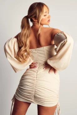 Linen Look Puff Sleeve Ruched Detail Mini Dress -Ves Trendy Sales stone linen look puff sleeve ruched detail mini dress 2