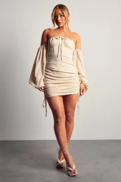 Linen Look Puff Sleeve Ruched Detail Mini Dress -Ves Trendy Sales stone linen look puff sleeve ruched detail mini dress 3