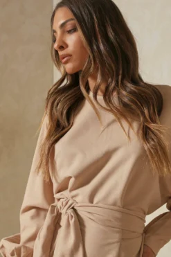 Soft Cord Belted Waist Puff Sleeve Dress -Ves Trendy Sales stone soft cord belted waist puff sleeve dress 2