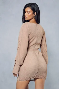 Textured Crinkle Twist Front Plunge Shirt Dress -Ves Trendy Sales stone textured crinkle twist front plunge shirt dress 2