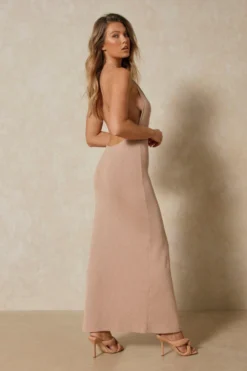 Knit Halter Neck Maxi Dress -Ves Trendy Sales taupe knit halter neck maxi dress 4