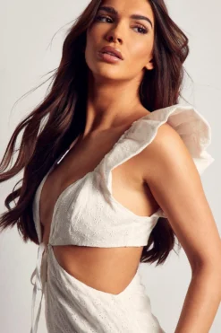 Broderie Anglaise Frill Shoulder Mini Dress -Ves Trendy Sales white broderie anglaise frill shoulder mini dress 3