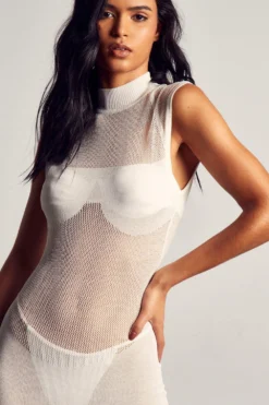 Fine Knit High Neck Sleeveless Maxi Dress -Ves Trendy Sales white fine knit high neck sleeveless maxi dress 2