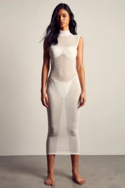 Fine Knit High Neck Sleeveless Maxi Dress -Ves Trendy Sales white fine knit high neck sleeveless maxi dress 4