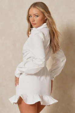 Frill Hem Belted Shirt Dress -Ves Trendy Sales white frill hem belted shirt dress 3