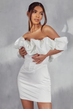 Missie Premium Corset Puff Bardot Dress -Ves Trendy Sales white missie premium corset puff bardot dress 3