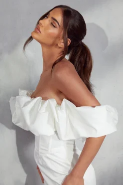 Missie Premium Corset Puff Bardot Dress -Ves Trendy Sales white missie premium corset puff bardot dress 4