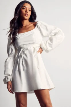 Poplin Ruched Front Long Sleeve Dress -Ves Trendy Sales white poplin ruched front long sleeve dress 4