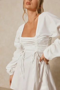 Poplin Ruched Front Long Sleeve Dress -Ves Trendy Sales white poplin ruched front long sleeve dress 5