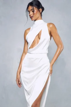 Premium Satin Grown On Neck Draped Midi Dress 10 Premium Satin Grown On Neck Draped Midi Dress -Ves Trendy Sales white premium satin grown on neck draped midi dress 4