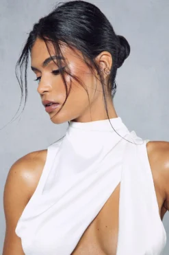 Premium Satin Grown On Neck Draped Midi Dress 11 Premium Satin Grown On Neck Draped Midi Dress -Ves Trendy Sales white premium satin grown on neck draped midi dress 5