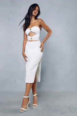 Textured Linen Ring Detail Midi Dress